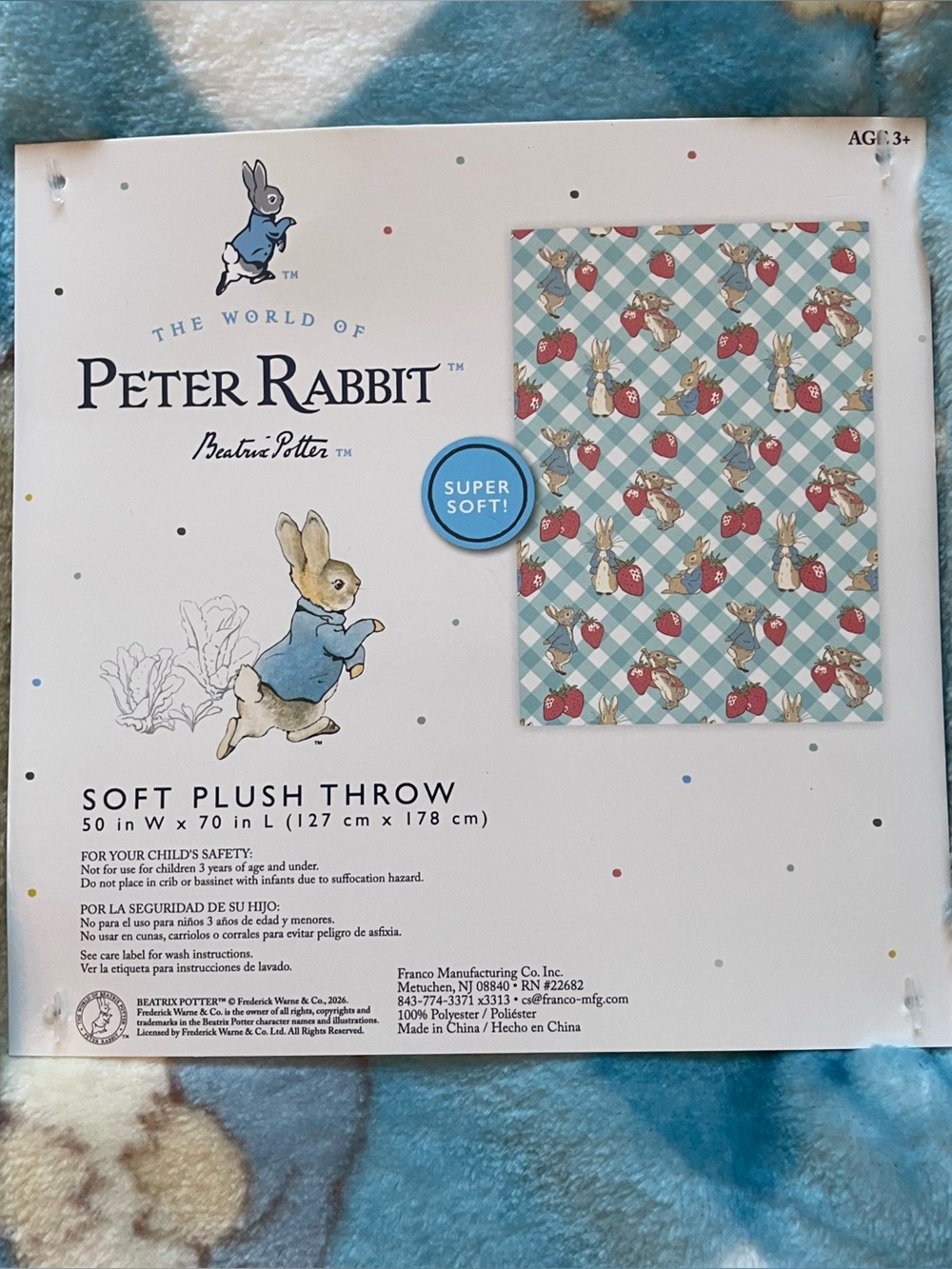 Peter Rabbit Beatrix Potter Strawberry Soft Plush Throw Blanket 50x70 Blue White - Picture 3 of 13